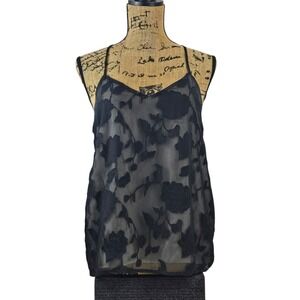 HYPR Black Floral Camisole Top Sheer Racerback V-Neck Small spaghetti straps Y2K